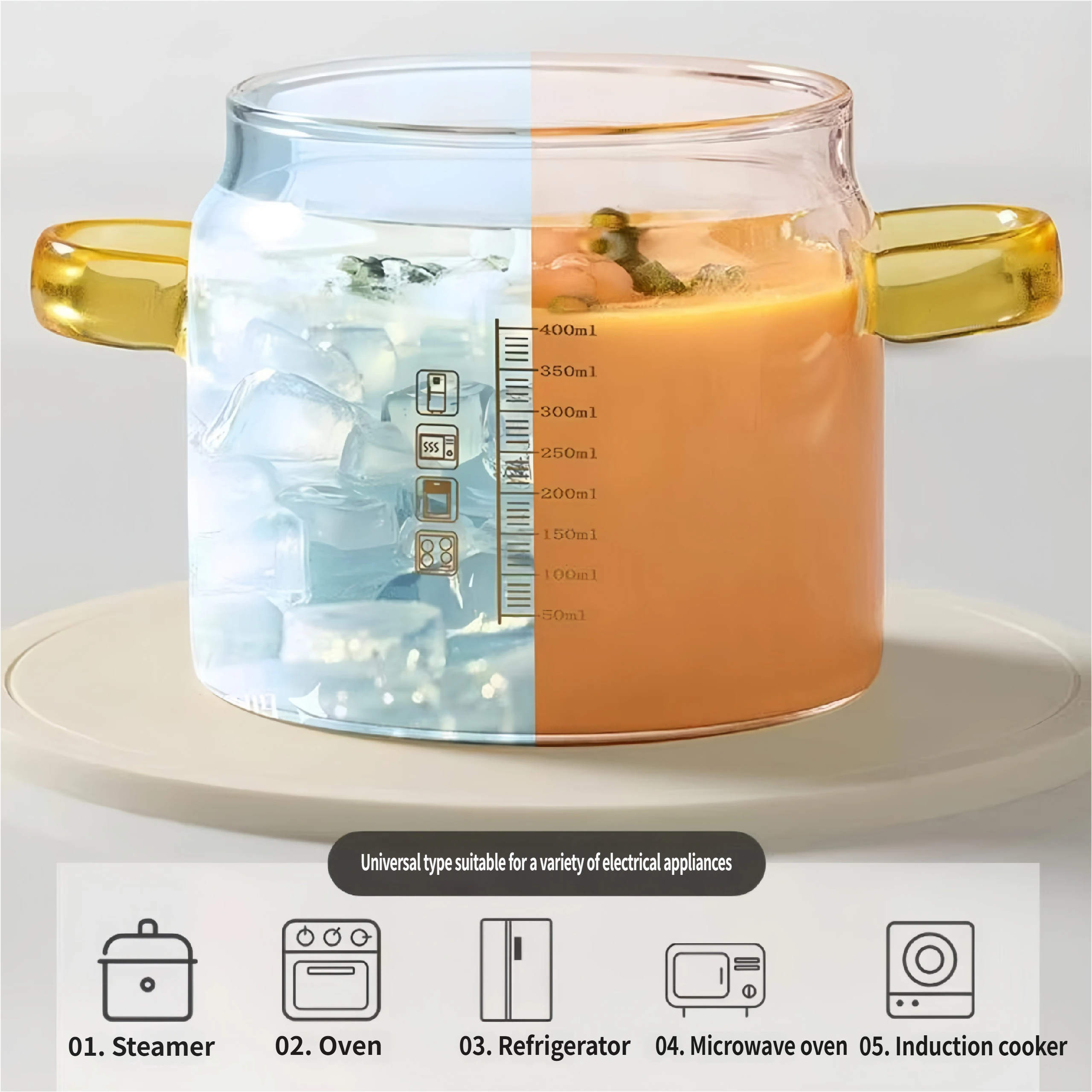 Lemuugo5-in-1 Kitchen Glass Egg Cup, High Borosilicate Glass Mixing Cup with Lid, 400ml Capacity, Heat Cold Resistant, Compatible with Steamer, Oven, Refrigerator, Microwave, Induction Cooktop