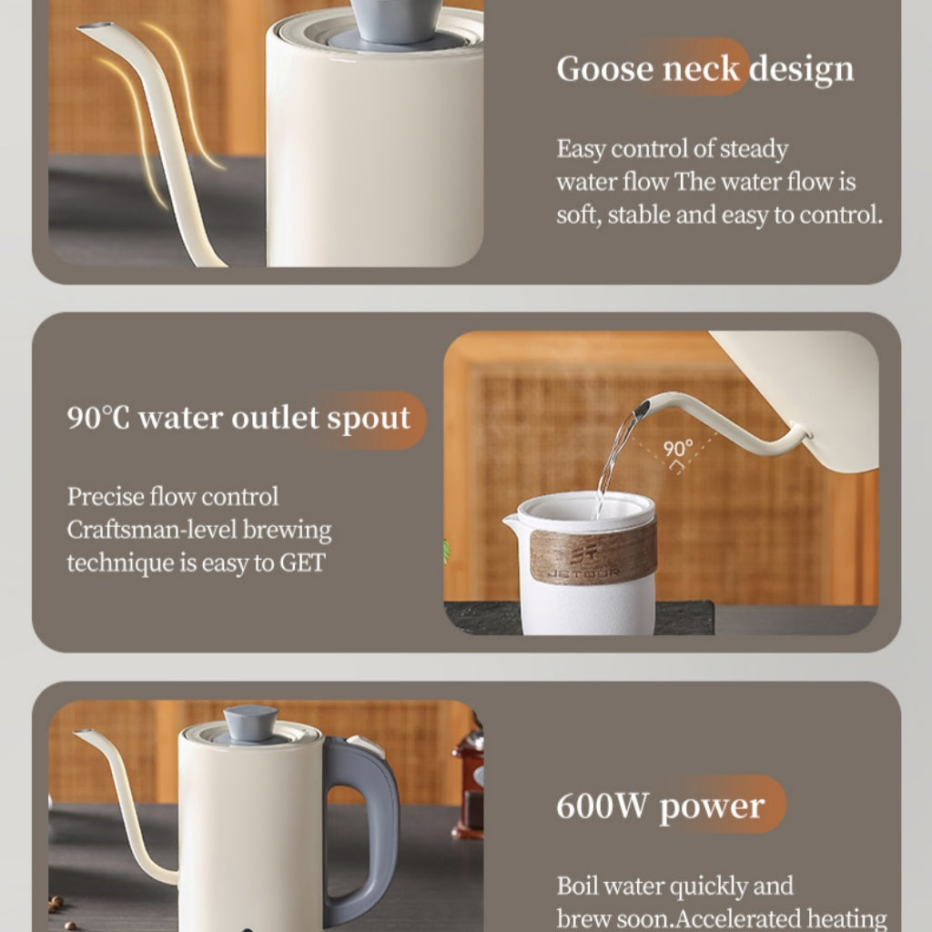 emuugo Electric Gooseneck Kettle | 0.8L Pour Over Coffee & Tea Kettle | 304 Stainless Steel, 600W Rapid Boil, White