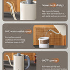 emuugo Electric Gooseneck Kettle | 0.8L Pour Over Coffee & Tea Kettle | 304 Stainless Steel, 600W Rapid Boil, White