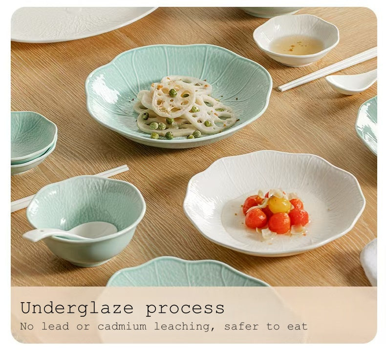New Lotus Leaf Design Ceramic Underglaze-Painted Bowl and Plate Set