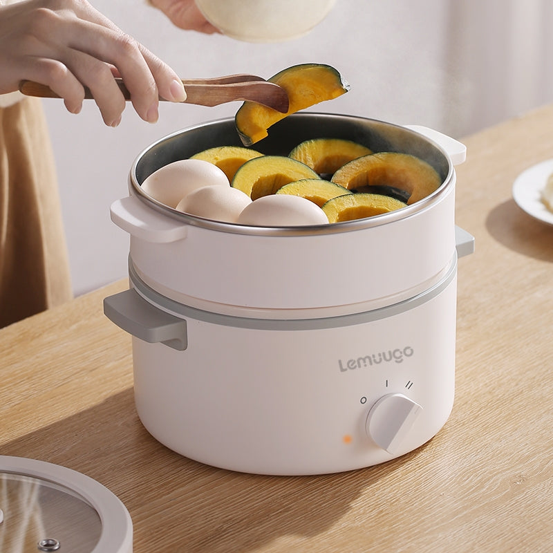 LEMUGGO 1.6L Multifunctional Electric Cooker with Steamer, Ceramic-Glazed Inner Pot, 304 Stainless Steel Steamer Basket, Mini Hot Pot for Frying, Boiling & Steaming