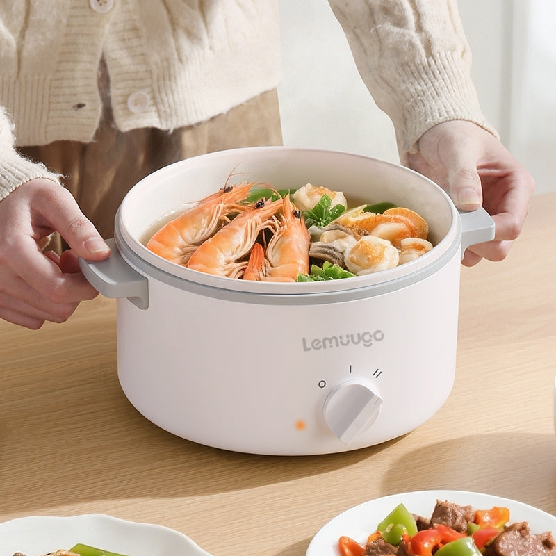 LEMUGGO 1.6L Multifunctional Electric Cooker with Steamer, Ceramic-Glazed Inner Pot, 304 Stainless Steel Steamer Basket, Mini Hot Pot for Frying, Boiling & Steaming