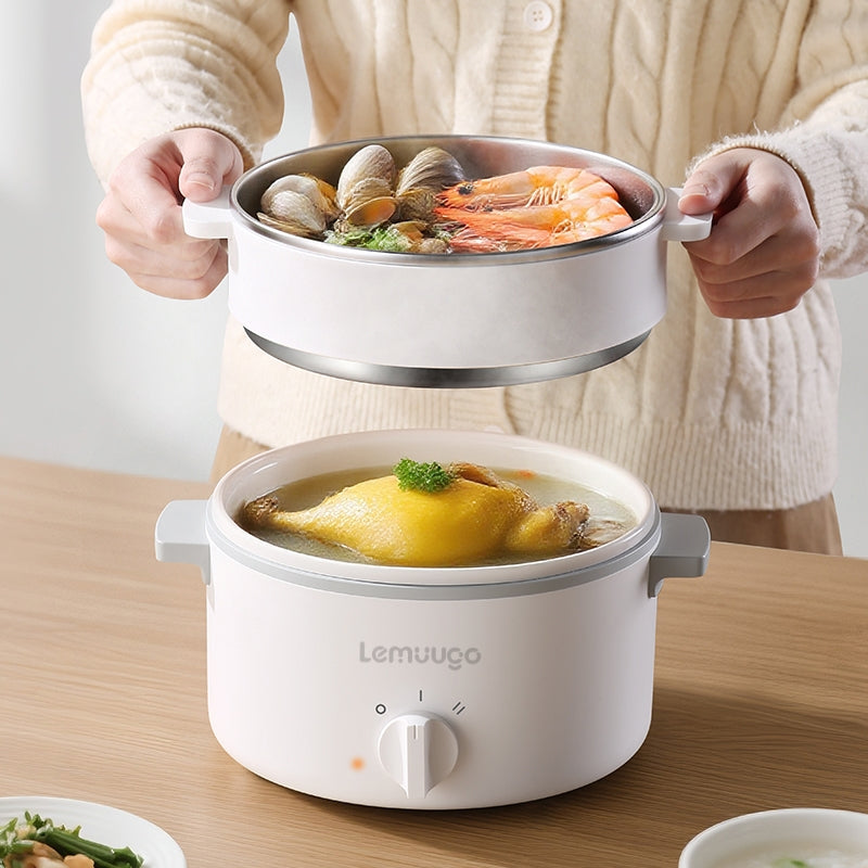 LEMUGGO 1.6L Multifunctional Electric Cooker with Steamer, Ceramic-Glazed Inner Pot, 304 Stainless Steel Steamer Basket, Mini Hot Pot for Frying, Boiling & Steaming