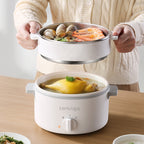 LEMUGGO 1.6L Multifunctional Electric Cooker with Steamer, Ceramic-Glazed Inner Pot, 304 Stainless Steel Steamer Basket, Mini Hot Pot for Frying, Boiling & Steaming