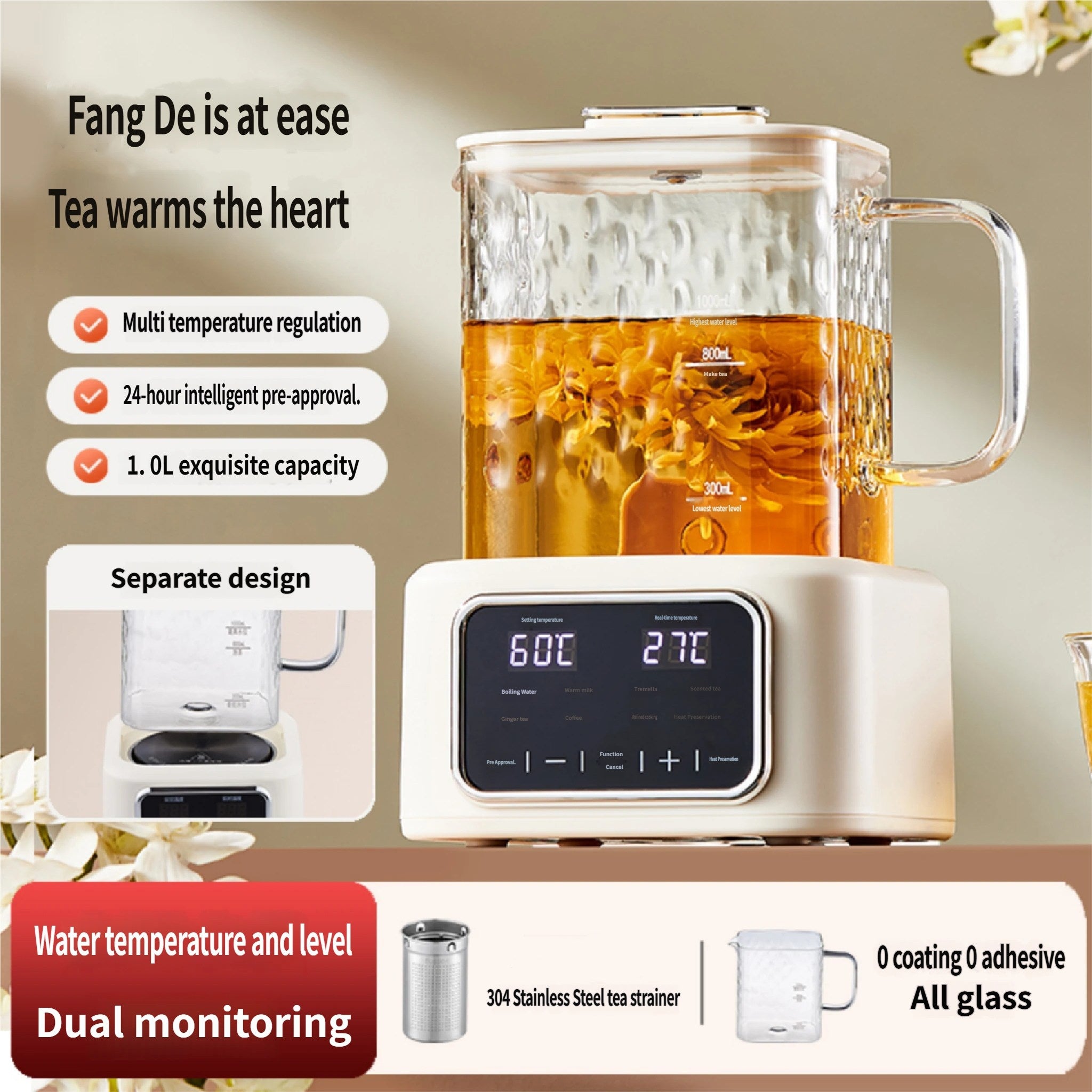 Electric Kettle with Infuser,1L All-Glass Design,600W Fast Heating Tea Maker for Loose Leaf & Herbal Drinks,Temperature Control,24H Preset Timer,Keep Warm,Stainless Steel Strainer