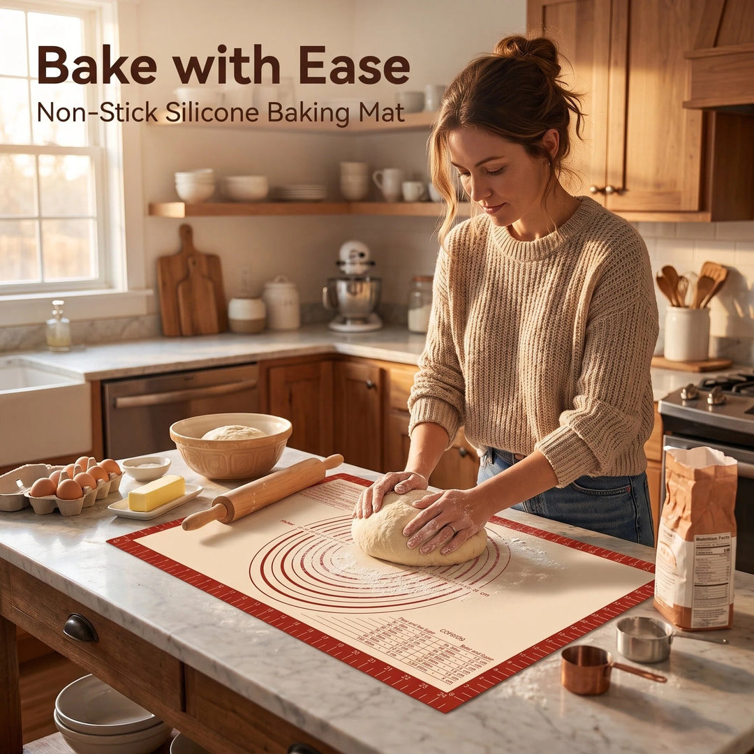 Premium Silicone Baking Mat Set – Extra Large Non-Stick Pastry Mat with Measurements, Rolling Pin Mat &amp; Bread Shaping Mat | Food Grade Reusable Dough Mat for Baking, Pizza, Bread &amp; Cookies