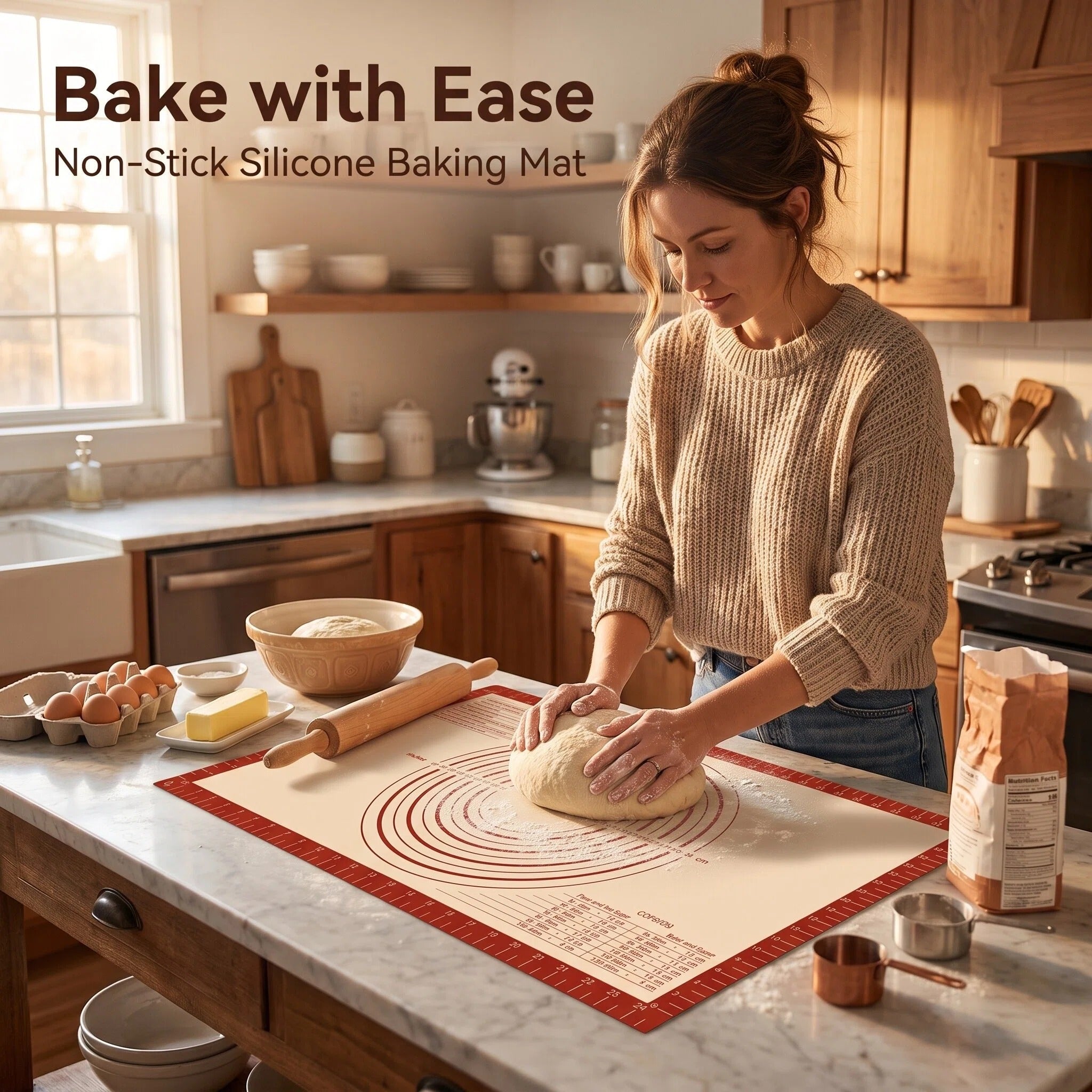 Premium Silicone Baking Mat Set – Extra Large Non-Stick Pastry Mat with Measurements, Rolling Pin Mat & Bread Shaping Mat | Food Grade Reusable Dough Mat for Baking, Pizza, Bread & Cookies