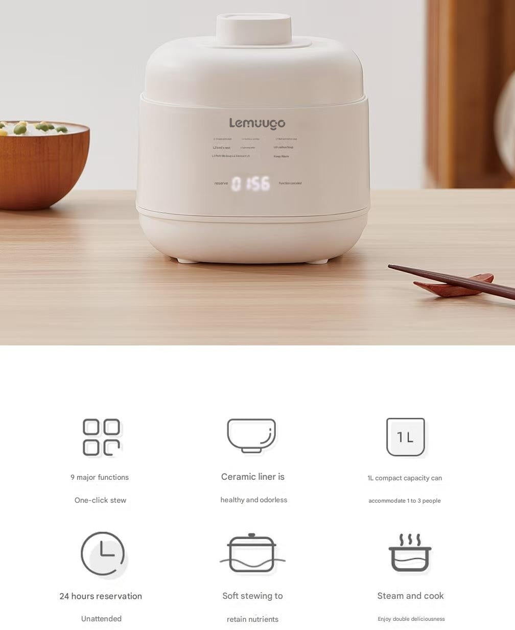Lemuugo Electric Ceramic Soup Maker, 1L Mini Slow Cooker, Multi-Function for Porridge, Stew, Soup