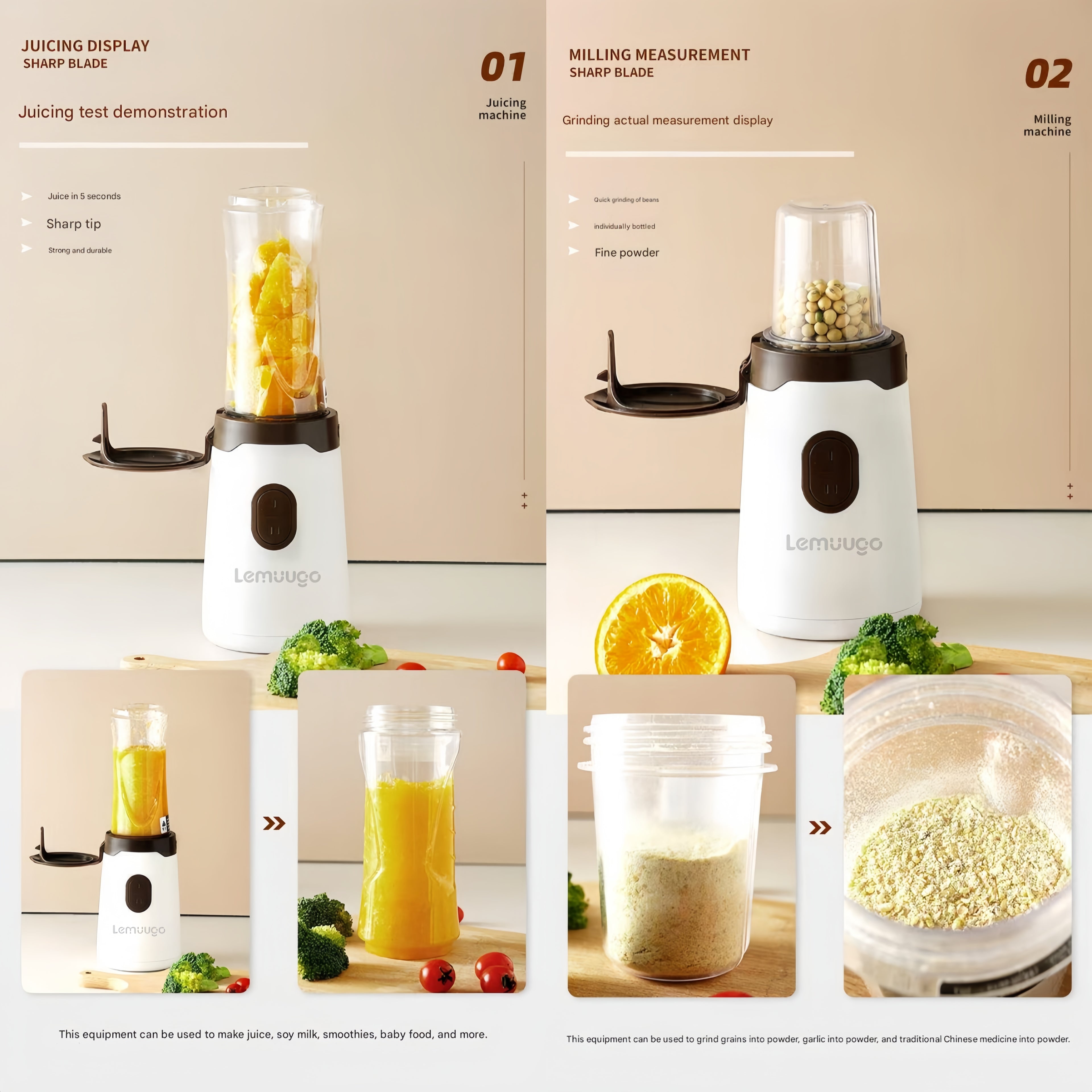 Lemuugo 3-in-1 Multifunctional Electric Blender, Juicer, Grinder, Meat Mincer, White, for Smoothies, Baby Food, Soy Milk, Spices, Kitchen Food Processor