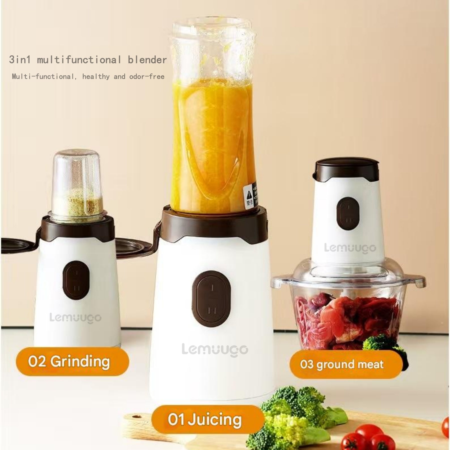 Lemuugo 3-in-1 Multifunctional Electric Blender, Juicer, Grinder, Meat Mincer, White, for Smoothies, Baby Food, Soy Milk, Spices, Kitchen Food Processor