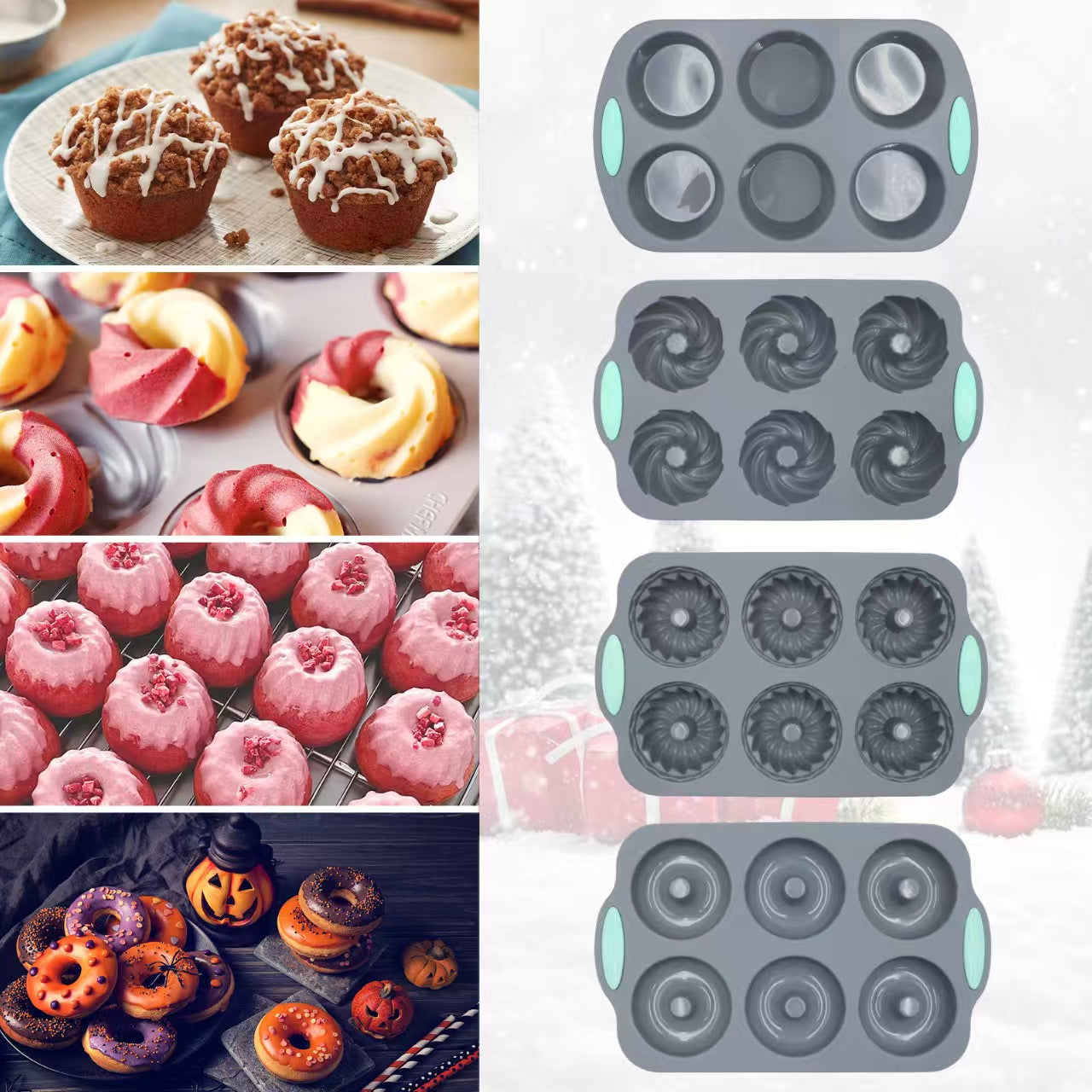 DIY Silicone Baking tools, 6-Cavity Cake pan Mold, Jelly Pudding Donut Pan, Swirl Pan, Pumpkin Pan, Round Cup