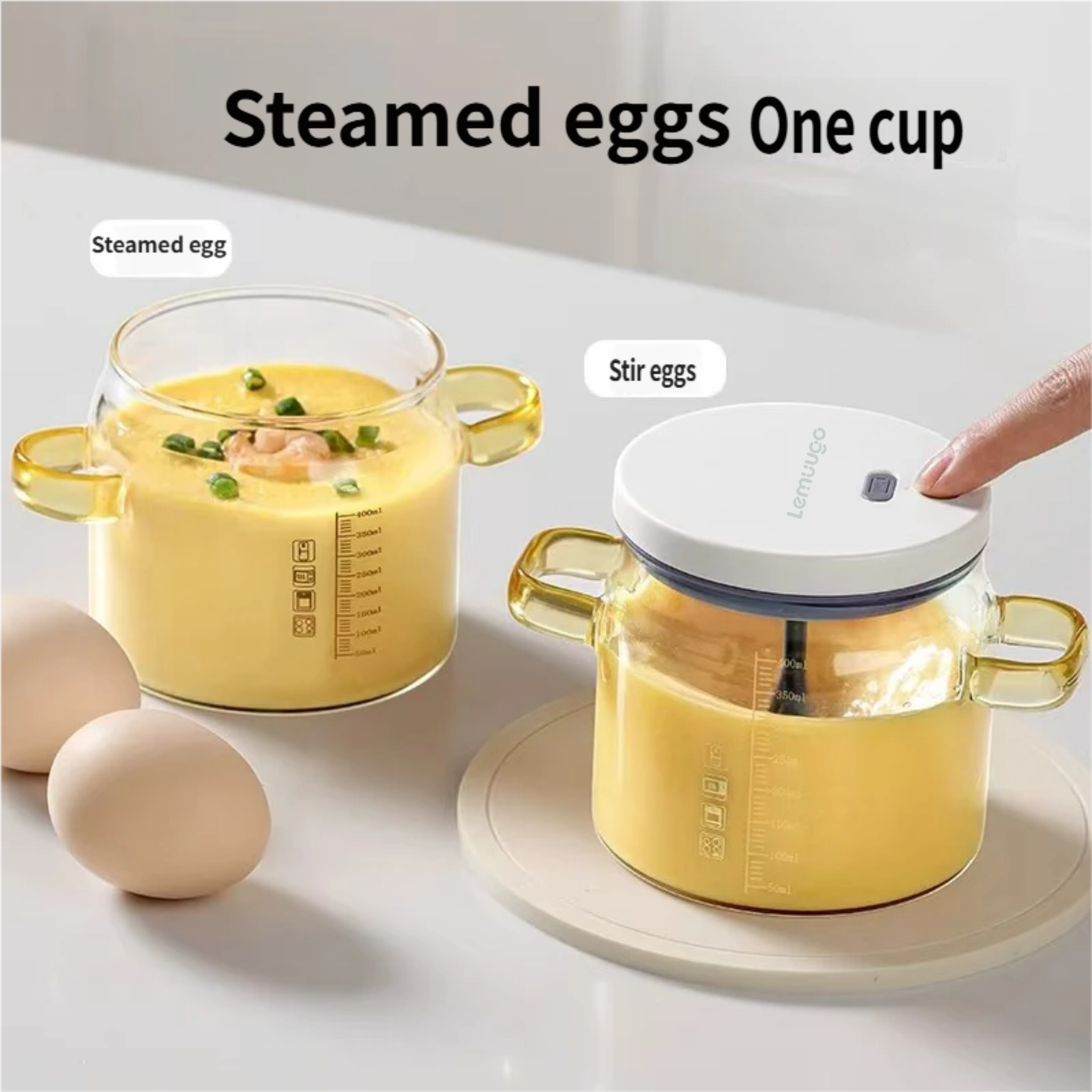 Lemuugo5-in-1 Kitchen Glass Egg Cup, High Borosilicate Glass Mixing Cup with Lid, 400ml Capacity, Heat Cold Resistant, Compatible with Steamer, Oven, Refrigerator, Microwave, Induction Cooktop