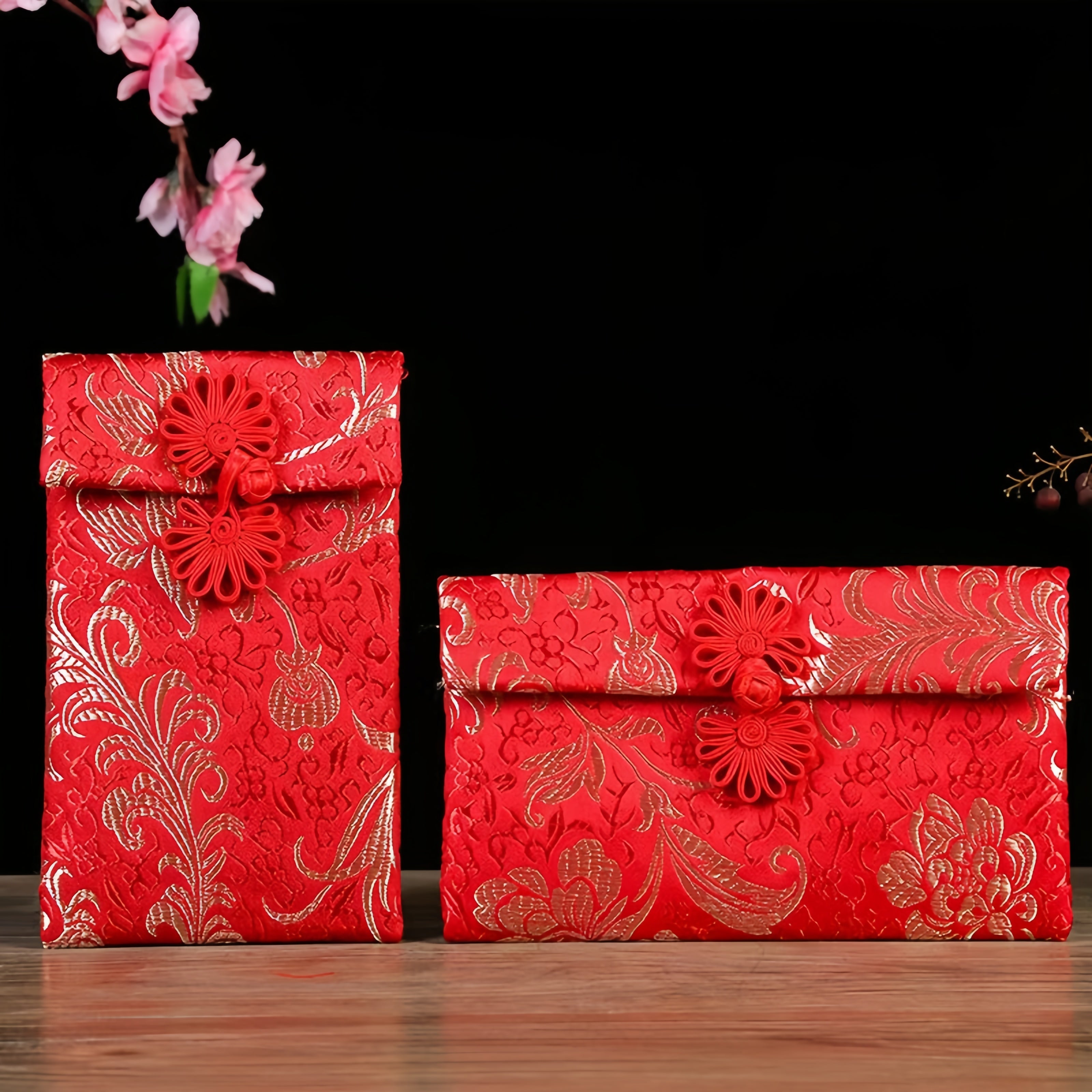 Red Envelopes Gift Pouches, Silk Brocade with Gold Floral Pattern, Decorative Tassels and Jade Button, 4-Piece Set for Lunar New Year