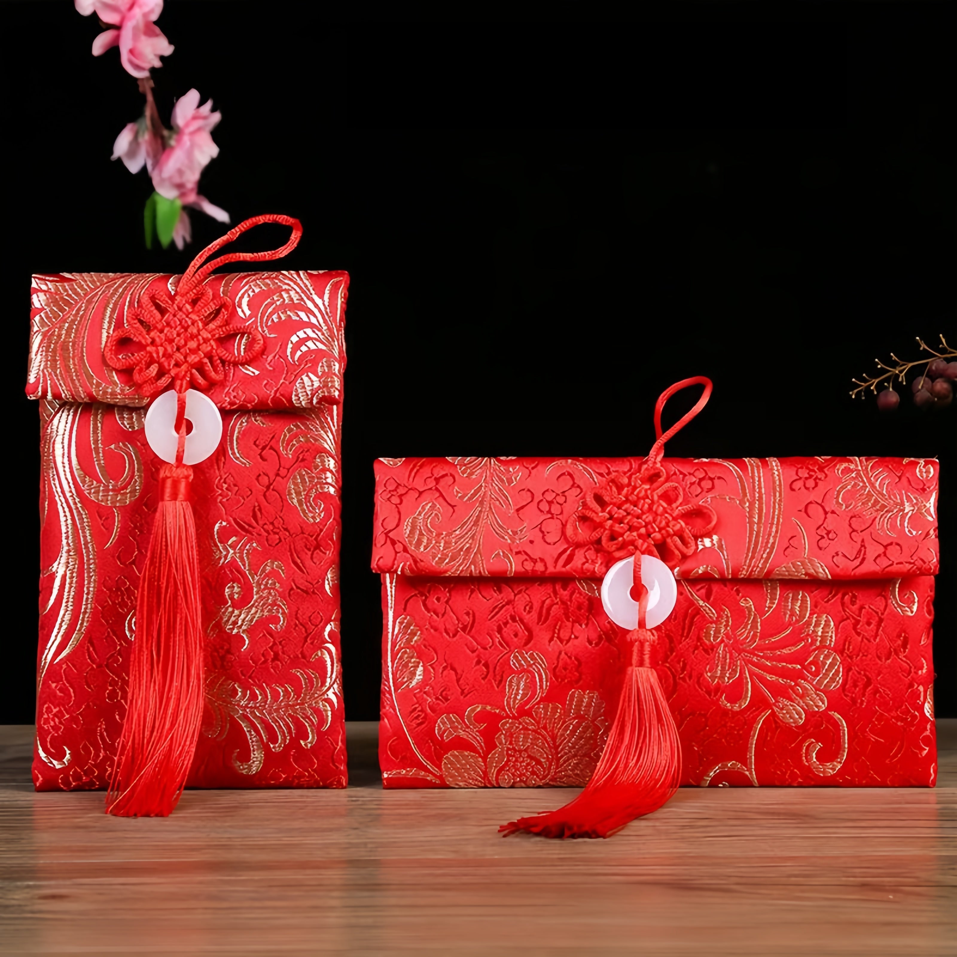 Red Envelopes Gift Pouches, Silk Brocade with Gold Floral Pattern, Decorative Tassels and Jade Button, 4-Piece Set for Lunar New Year