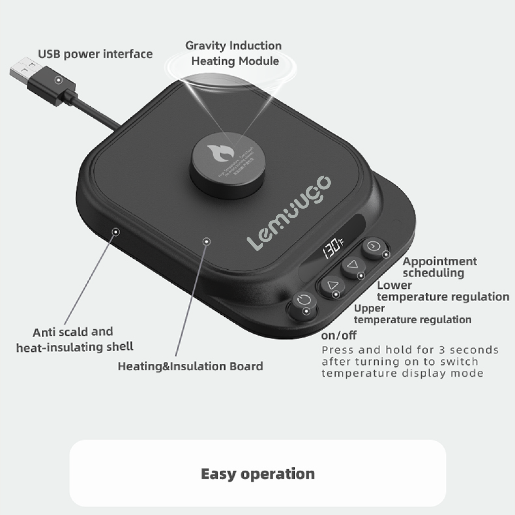 Lemuugo Smart Mug Warmer with Gravity Induction Heating, USB Powered, Temperature Control, 24H Timer, Anti-Scald for Tea, Coffee, Beverages,Sourdough Fermentation+24 oz Sourdough Starter Jar
