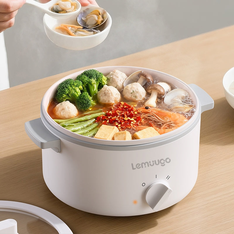LEMUGGO 1.6L Multifunctional Electric Cooker with Steamer, Ceramic-Glazed Inner Pot, 304 Stainless Steel Steamer Basket, Mini Hot Pot for Frying, Boiling & Steaming