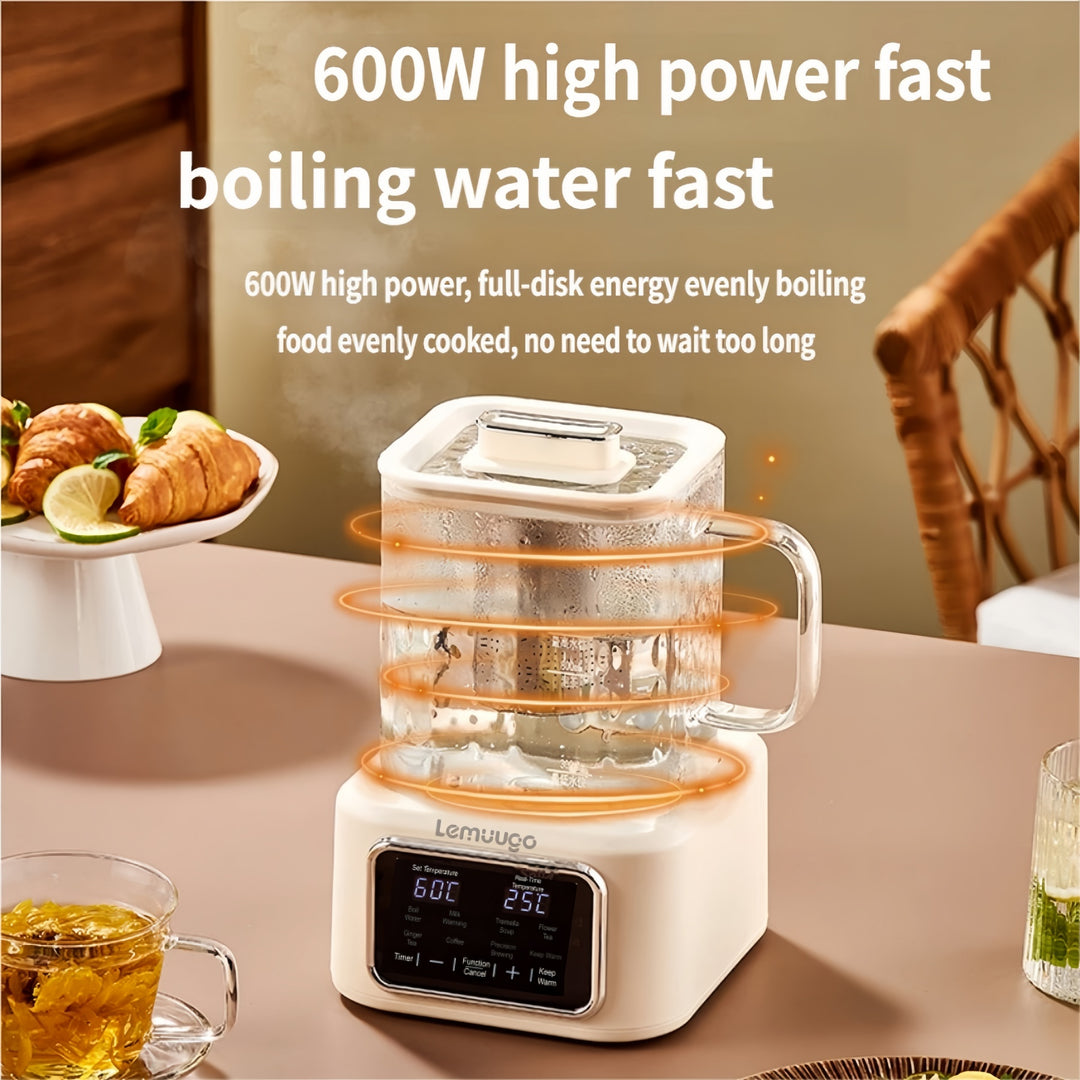 Electric Kettle with Infuser,1L All-Glass Design,600W Fast Heating Tea Maker for Loose Leaf &amp; Herbal Drinks,Temperature Control,24H Preset Timer,Keep Warm,Stainless Steel Strainer