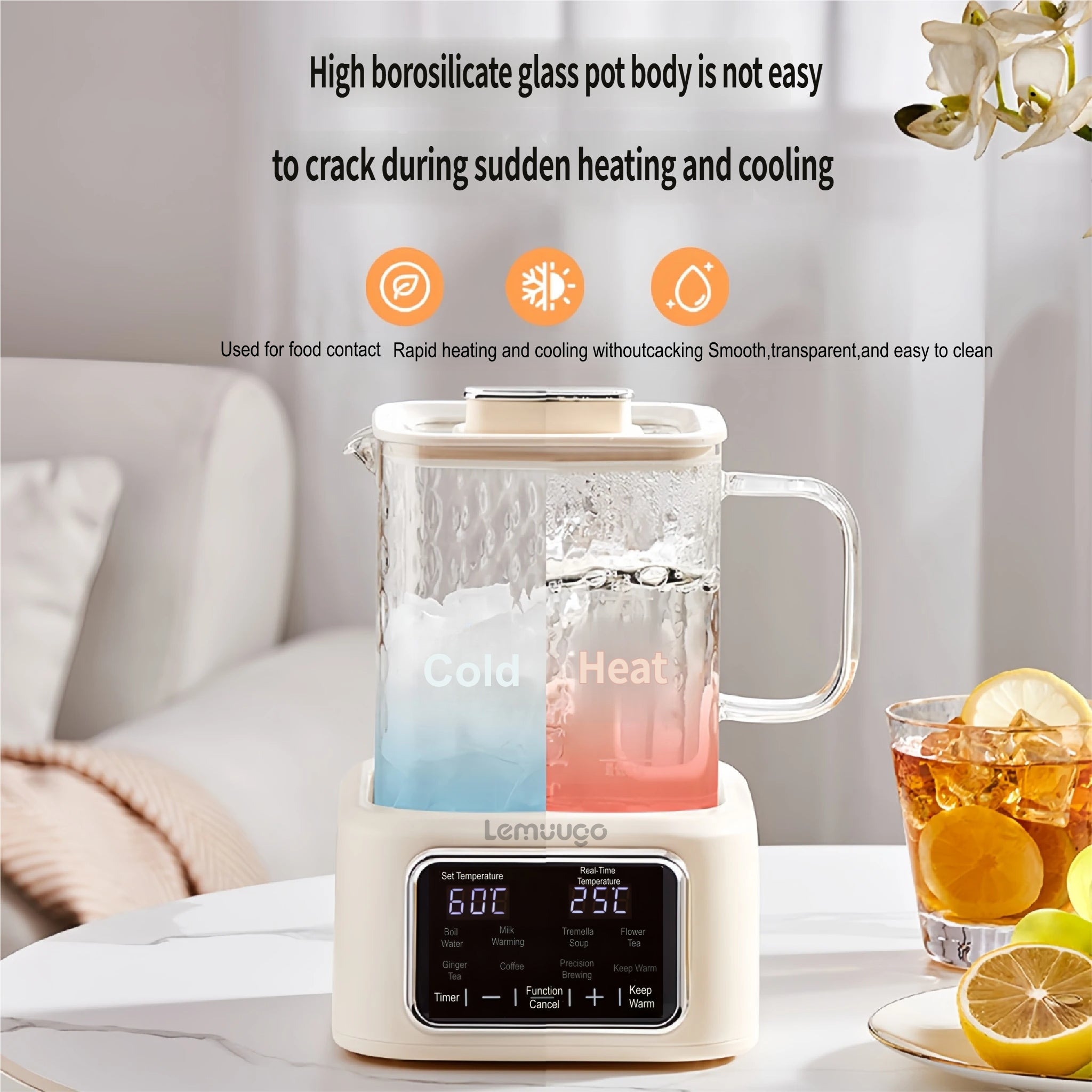 Electric Kettle with Infuser,1L All-Glass Design,600W Fast Heating Tea Maker for Loose Leaf & Herbal Drinks,Temperature Control,24H Preset Timer,Keep Warm,Stainless Steel Strainer