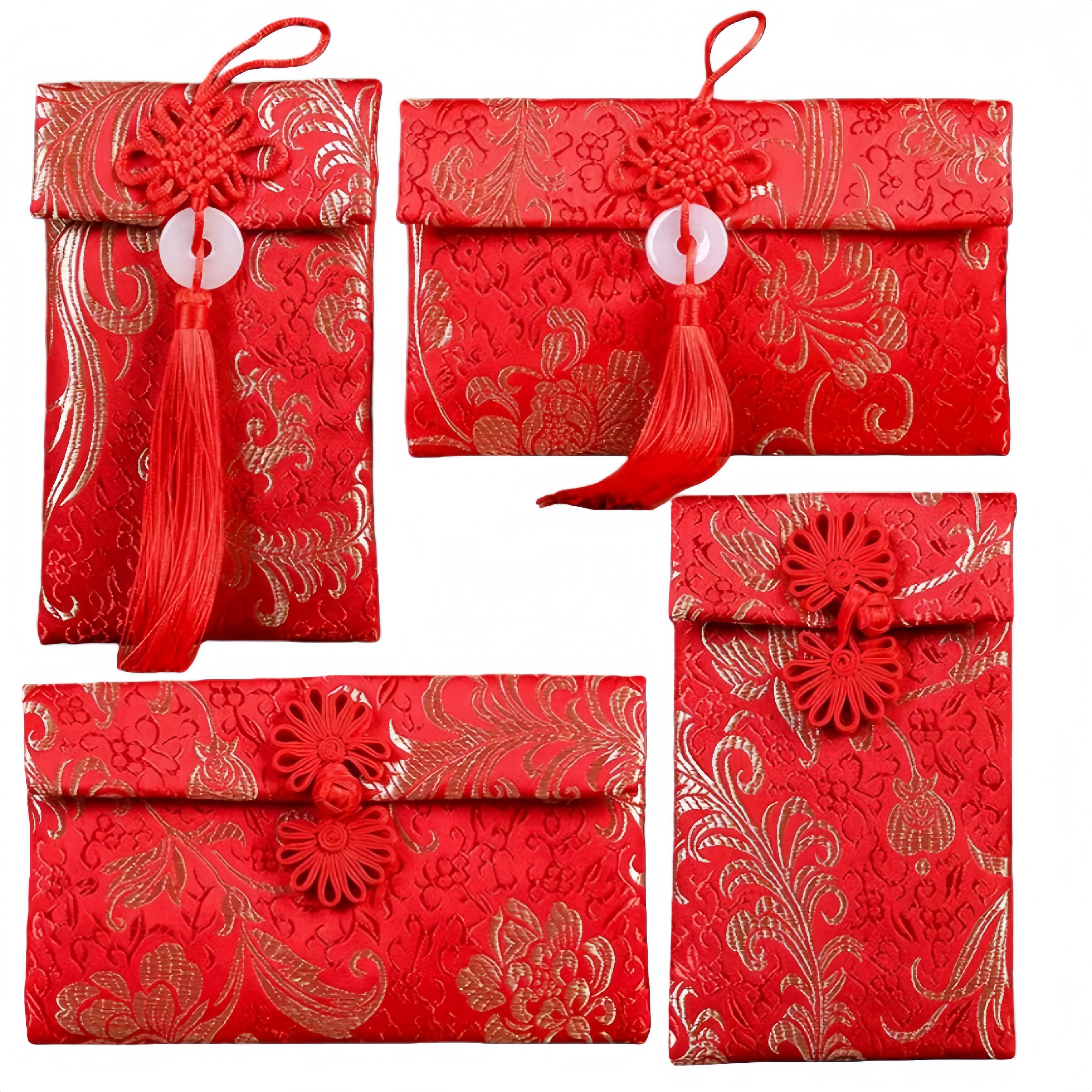 Red Envelopes Gift Pouches, Silk Brocade with Gold Floral Pattern, Decorative Tassels and Jade Button, 4-Piece Set for Lunar New Year