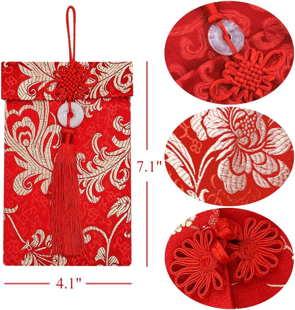 Red Envelopes Gift Pouches, Silk Brocade with Gold Floral Pattern, Decorative Tassels and Jade Button, 4-Piece Set for Lunar New Year