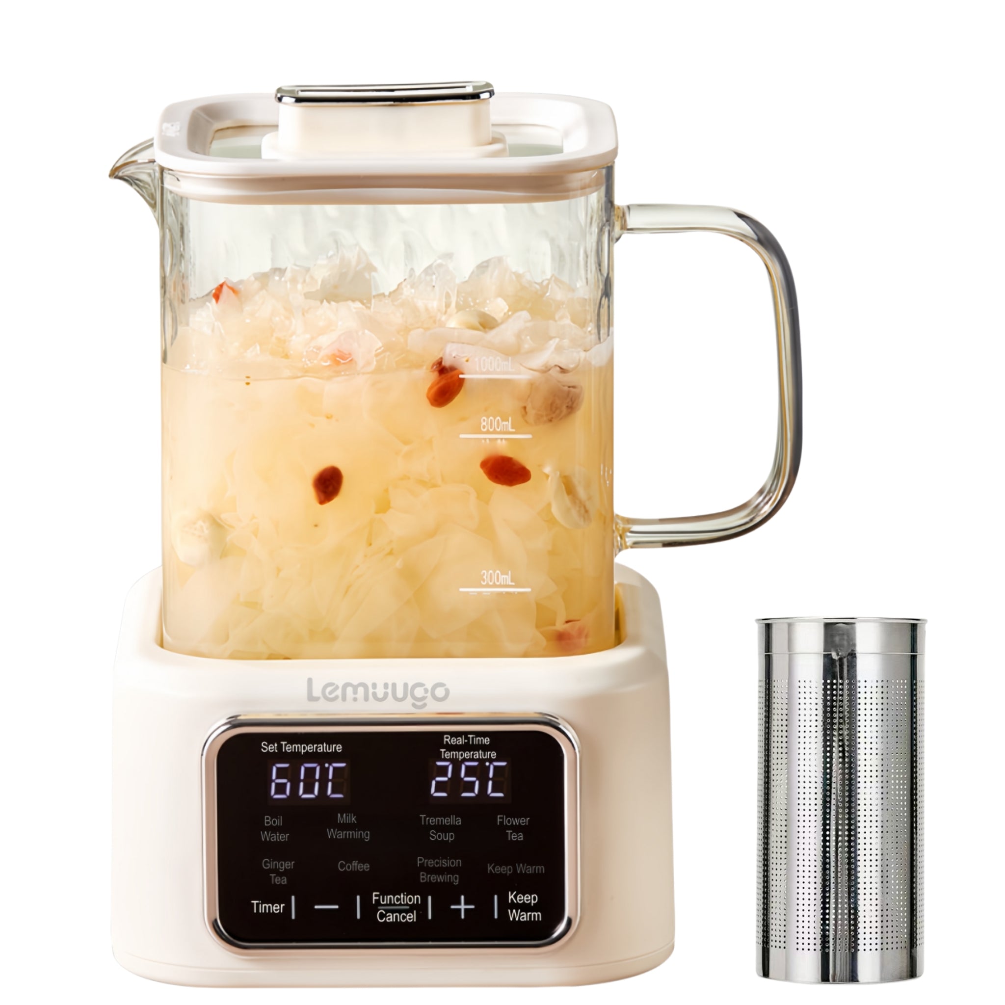 Electric Kettle with Infuser,1L All-Glass Design,600W Fast Heating Tea Maker for Loose Leaf & Herbal Drinks,Temperature Control,24H Preset Timer,Keep Warm,Stainless Steel Strainer