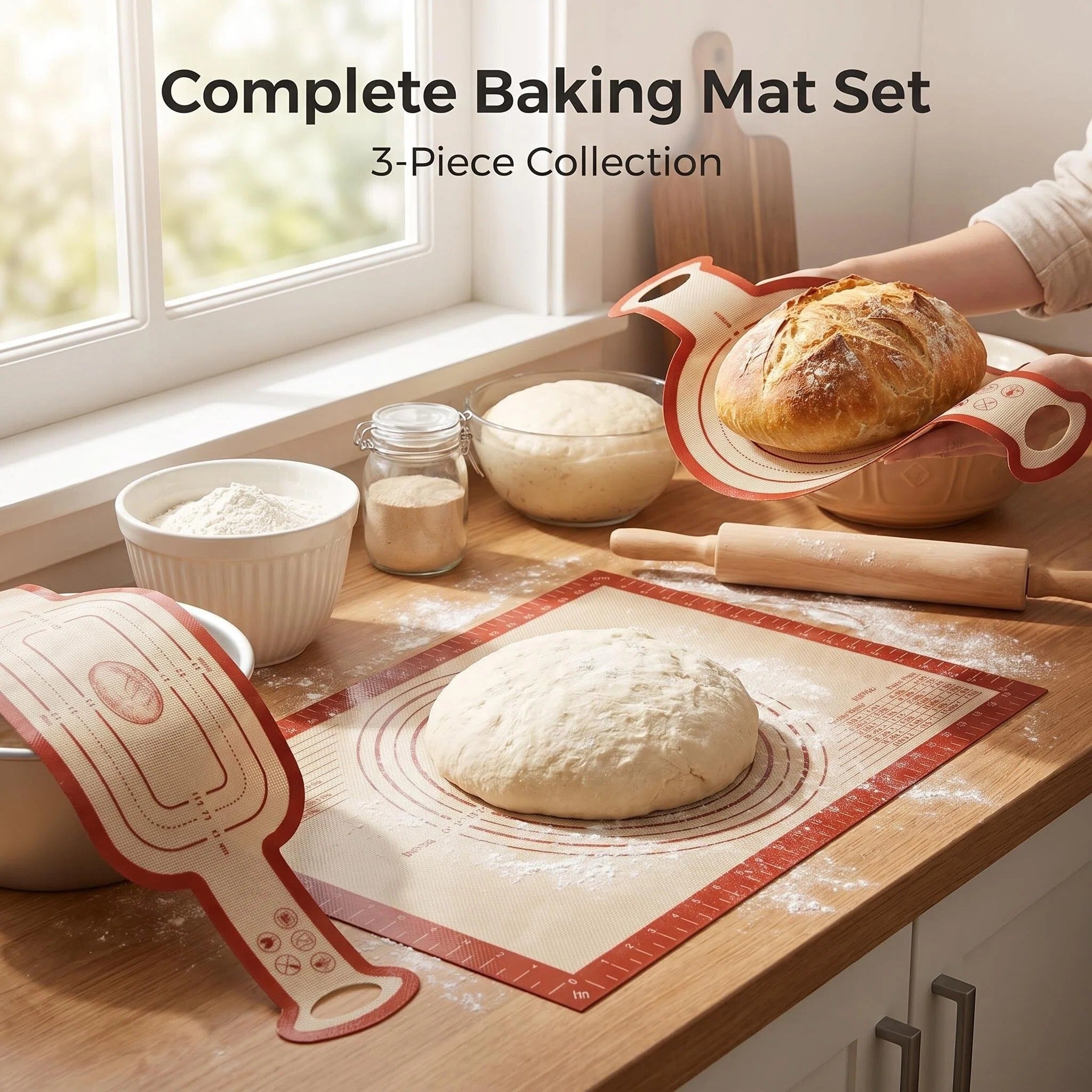 Premium Silicone Baking Mat Set – Extra Large Non-Stick Pastry Mat with Measurements, Rolling Pin Mat & Bread Shaping Mat | Food Grade Reusable Dough Mat for Baking, Pizza, Bread & Cookies
