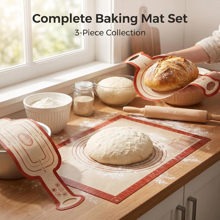 Premium Silicone Baking Mat Set – Extra Large Non-Stick Pastry Mat with Measurements, Rolling Pin Mat &amp; Bread Shaping Mat | Food Grade Reusable Dough Mat for Baking, Pizza, Bread &amp; Cookies