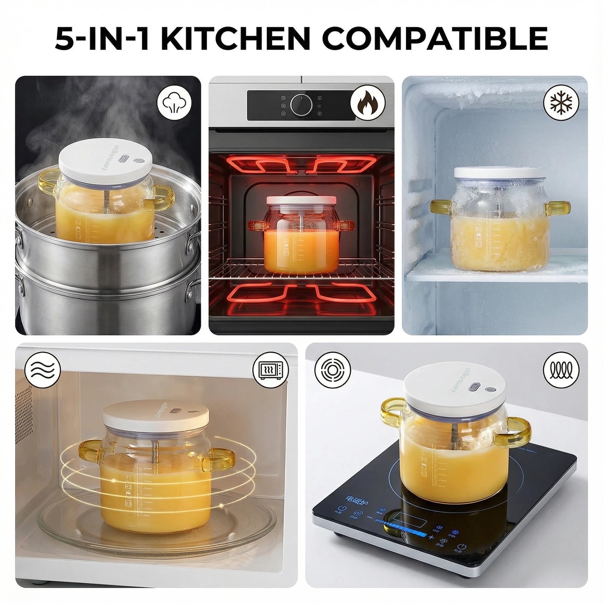 Lemuugo5-in-1 Kitchen Glass Egg Cup, High Borosilicate Glass Mixing Cup with Lid, 400ml Capacity, Heat Cold Resistant, Compatible with Steamer, Oven, Refrigerator, Microwave, Induction Cooktop