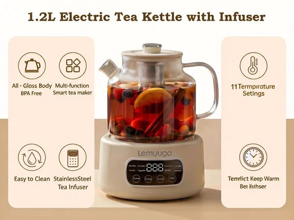 1.2L Glass Electric Tea Kettle with Infuser, Temperature Control Tea Maker for Herbal Tea & Coffee